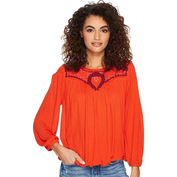 Free People Begonia Embroidered Top Size Small Red Orange Long Sleeve Boho - Picture 1 of 10